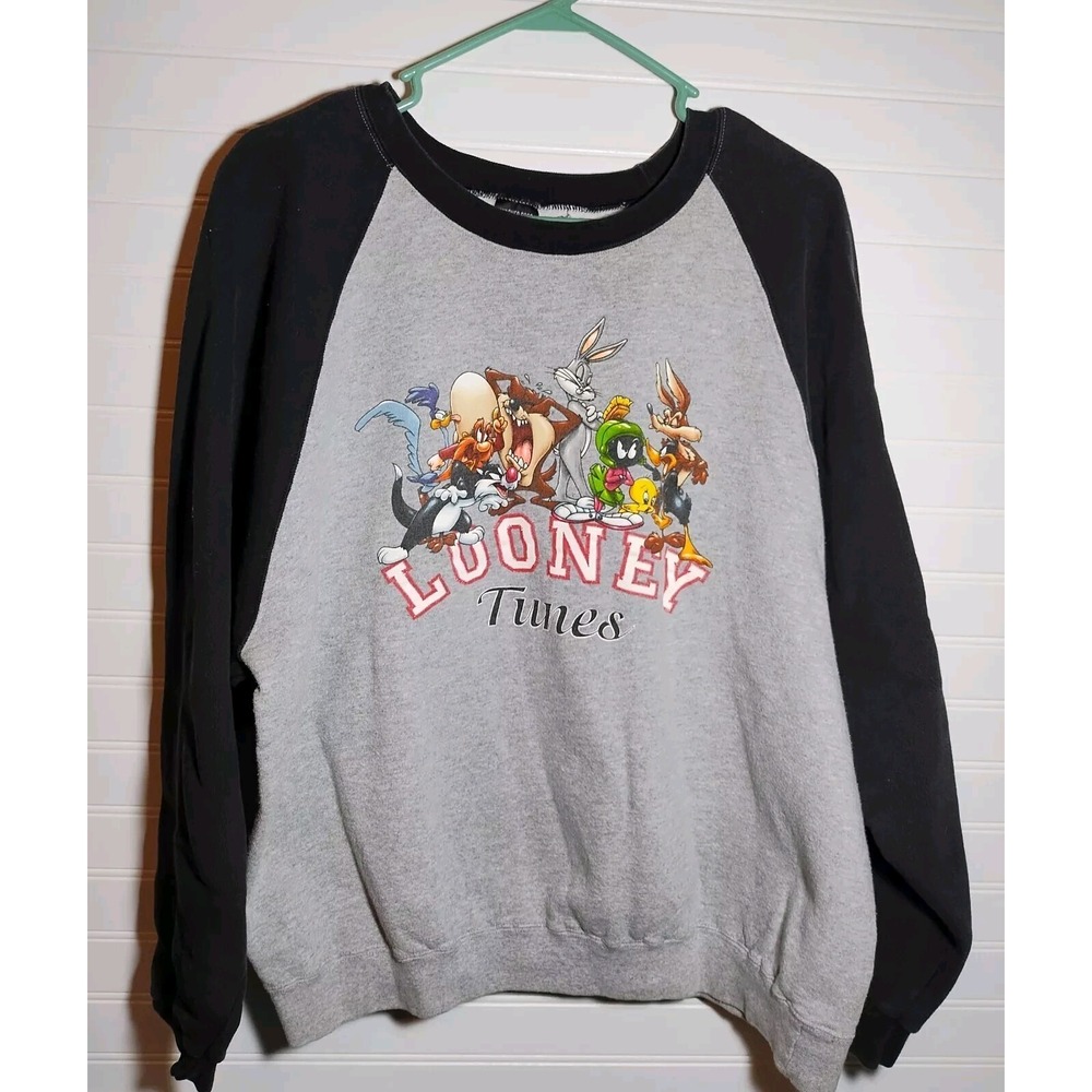 VTG Looney Tunes Raglan Sweatshirt Women Md Warner Bros Gray Black CrewNeck READ